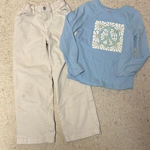 Cat & Jack Light Blue Peace Graphic Long Sleeve Tee & cream colored jeans size 8